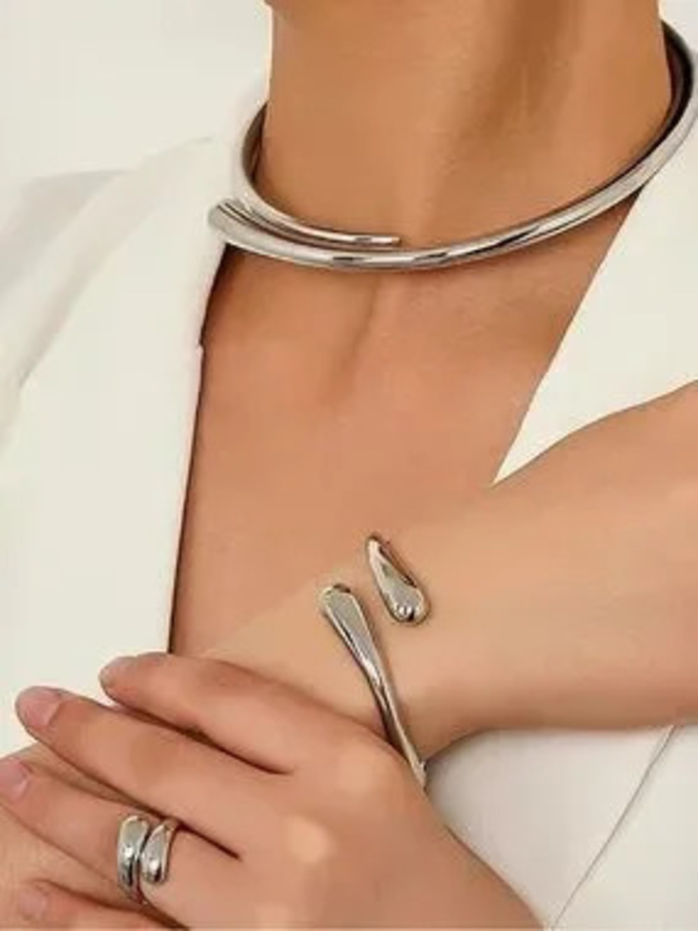 Anthropologie Polished Silver Sculptural Open Choker Necklace